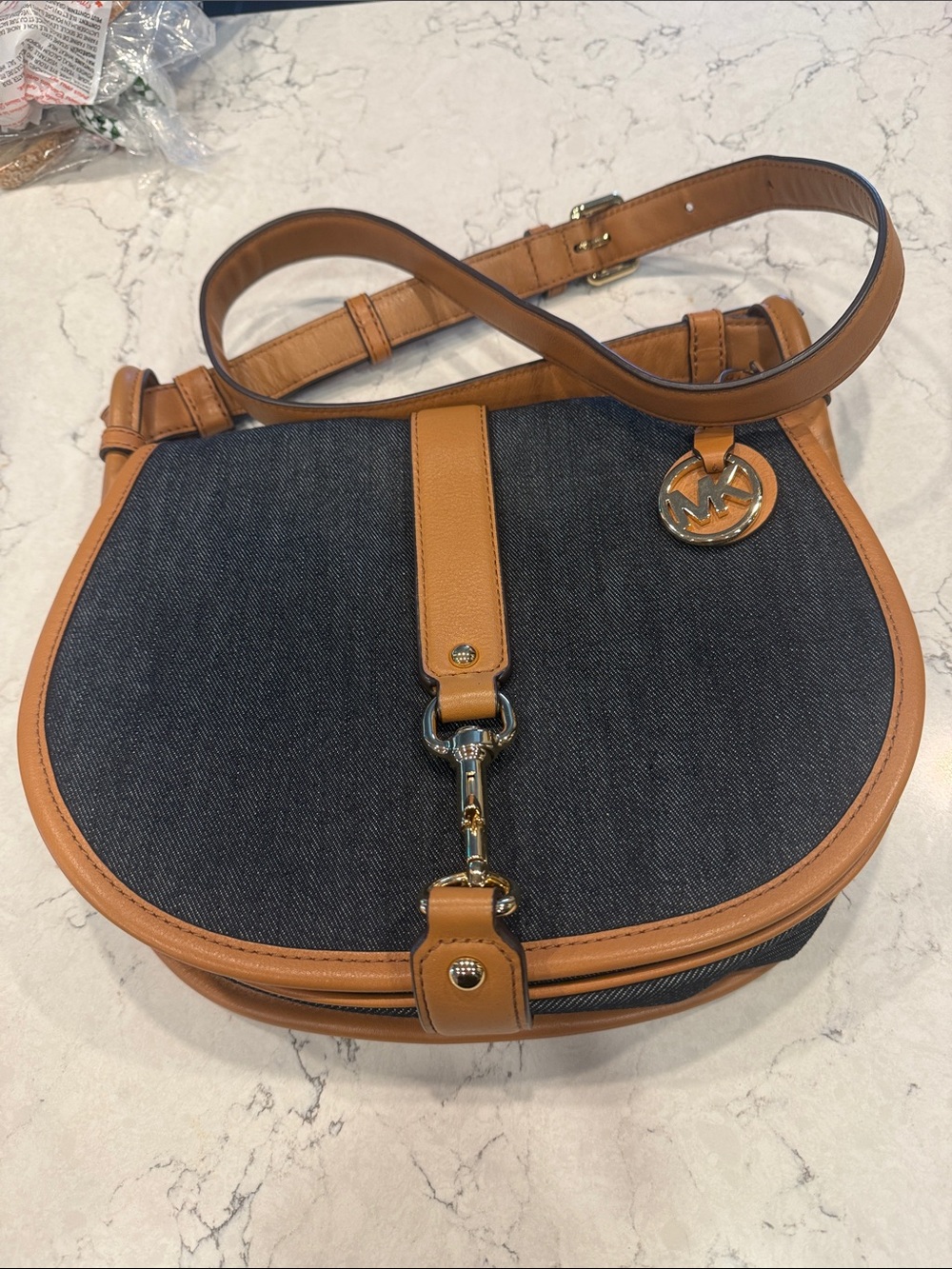 Michael Kors Dark Denim and Tan Leather Saddle Crossbody.